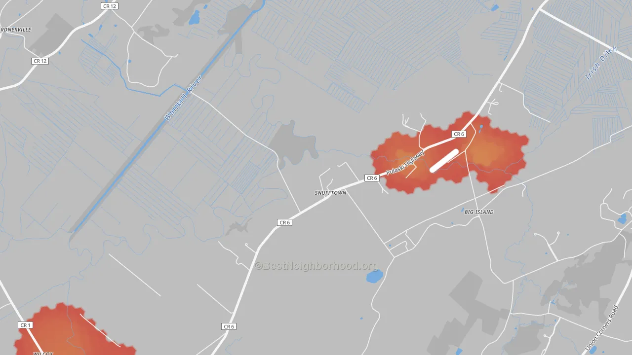 Walk Grade map of Snufftown, NY, walkable areas in green and car-dependent areas in red