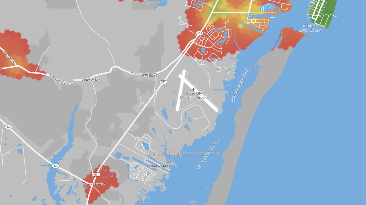 Walk Grade map of Snug Harbor, MD, walkable areas in green and car-dependent areas in red