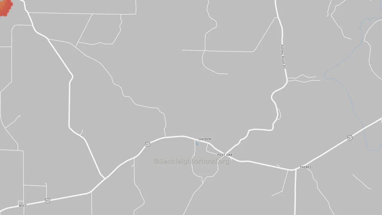 Walk Grade map of Snyder, AR, walkable areas in green and car-dependent areas in red
