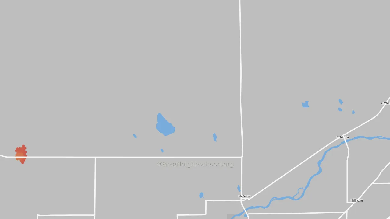 Walk Grade map of Snyder, CO, walkable areas in green and car-dependent areas in red
