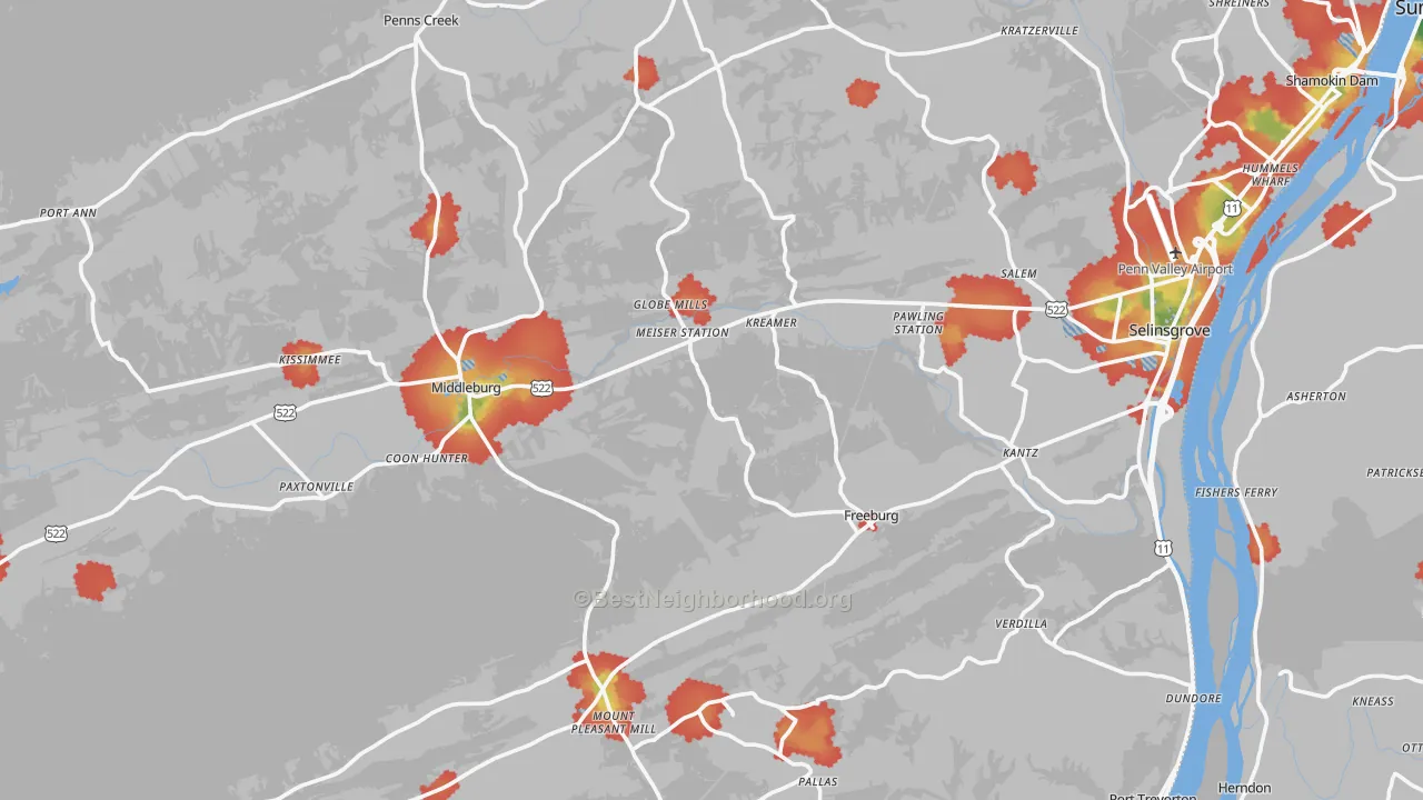 Walk Grade map of Snyder County, PA, walkable areas in green and car-dependent areas in red