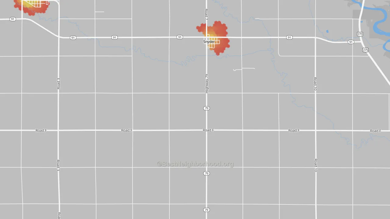 Walk Grade map of Snyder, NE, walkable areas in green and car-dependent areas in red
