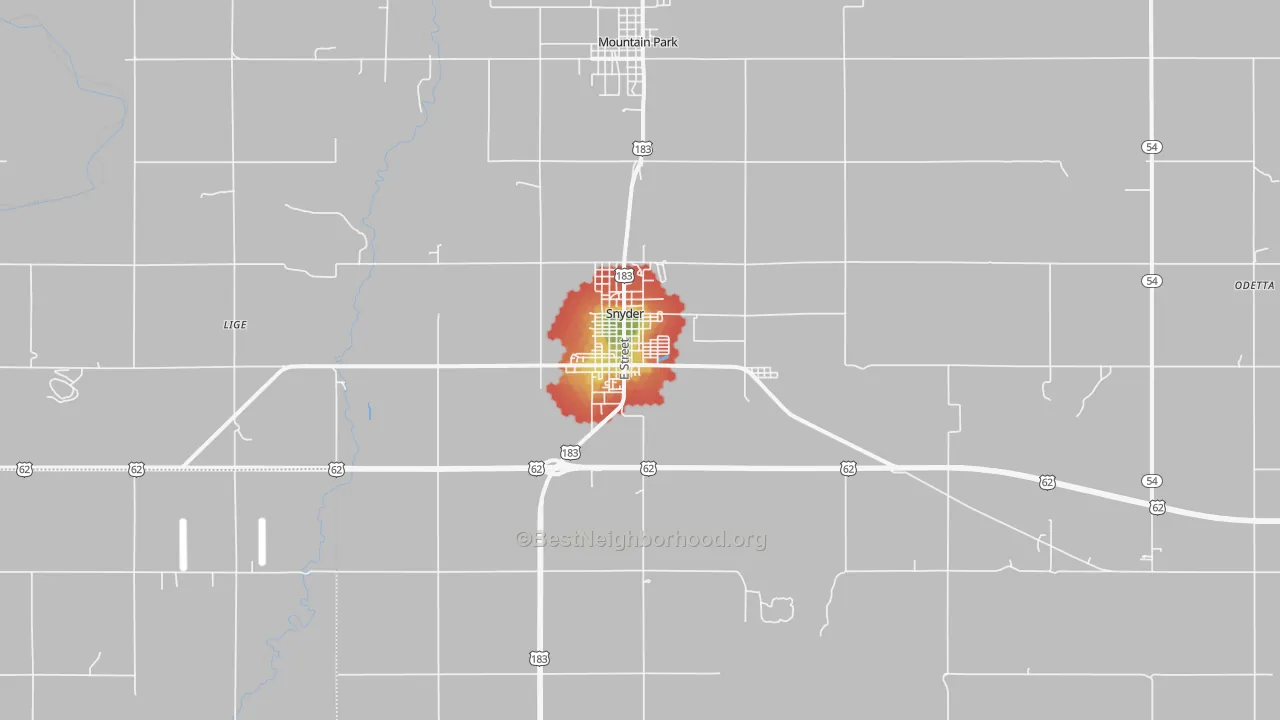 Walk Grade map of Snyder, OK, walkable areas in green and car-dependent areas in red