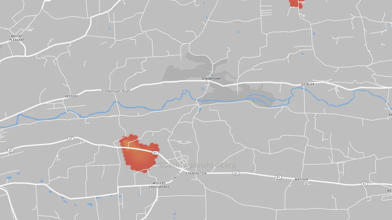 Walk Grade map of Snydertown, PA, walkable areas in green and car-dependent areas in red
