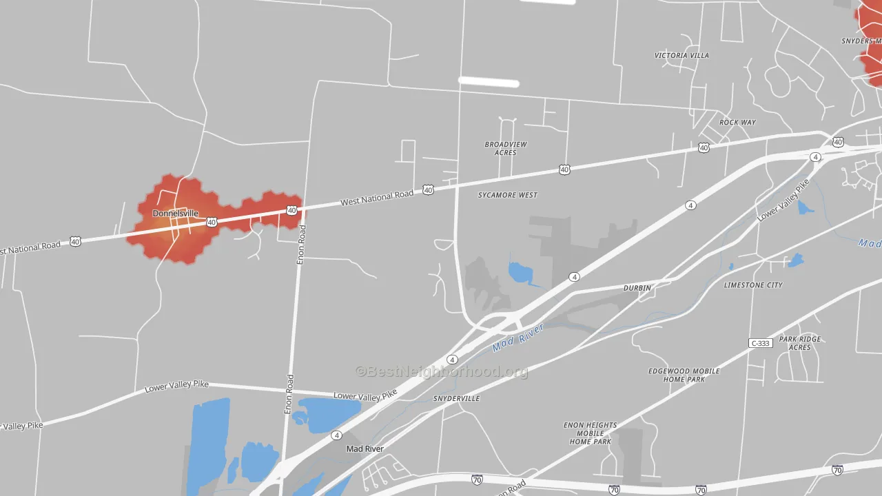 Walk Grade map of Snyderville, OH, walkable areas in green and car-dependent areas in red