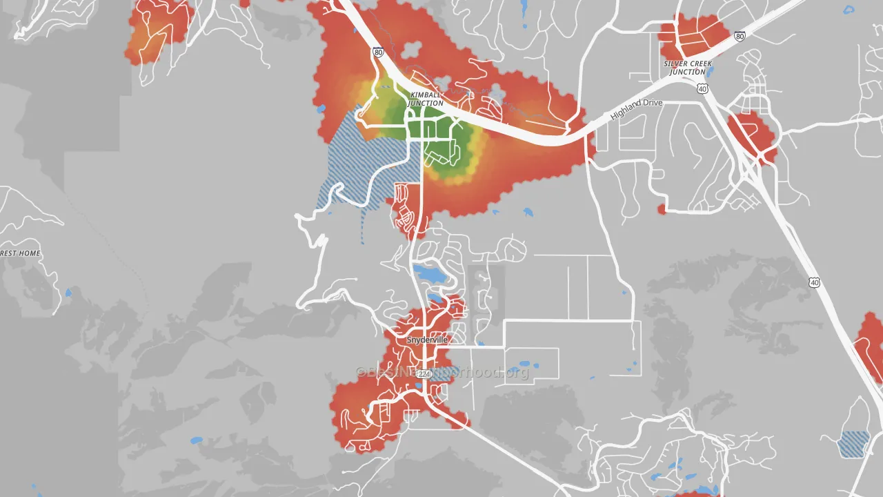 Walk Grade map of Snyderville, UT, walkable areas in green and car-dependent areas in red