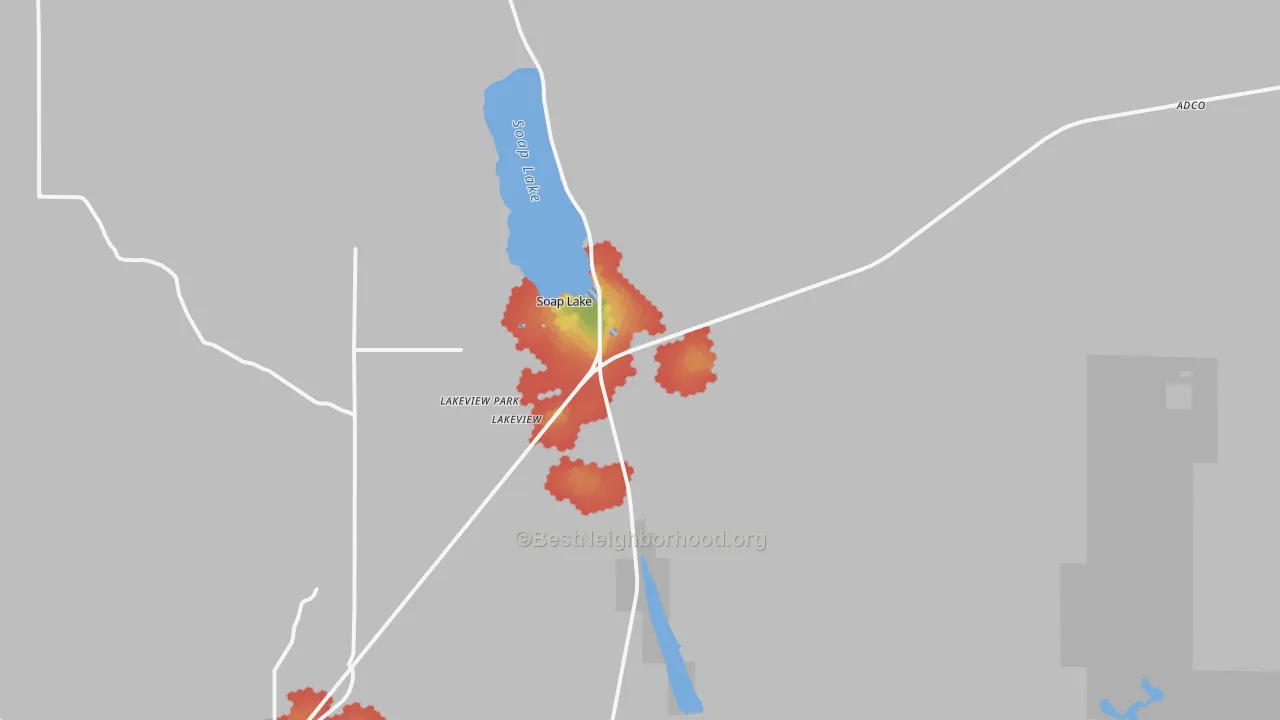 Walk Grade map of Soap Lake, WA, walkable areas in green and car-dependent areas in red