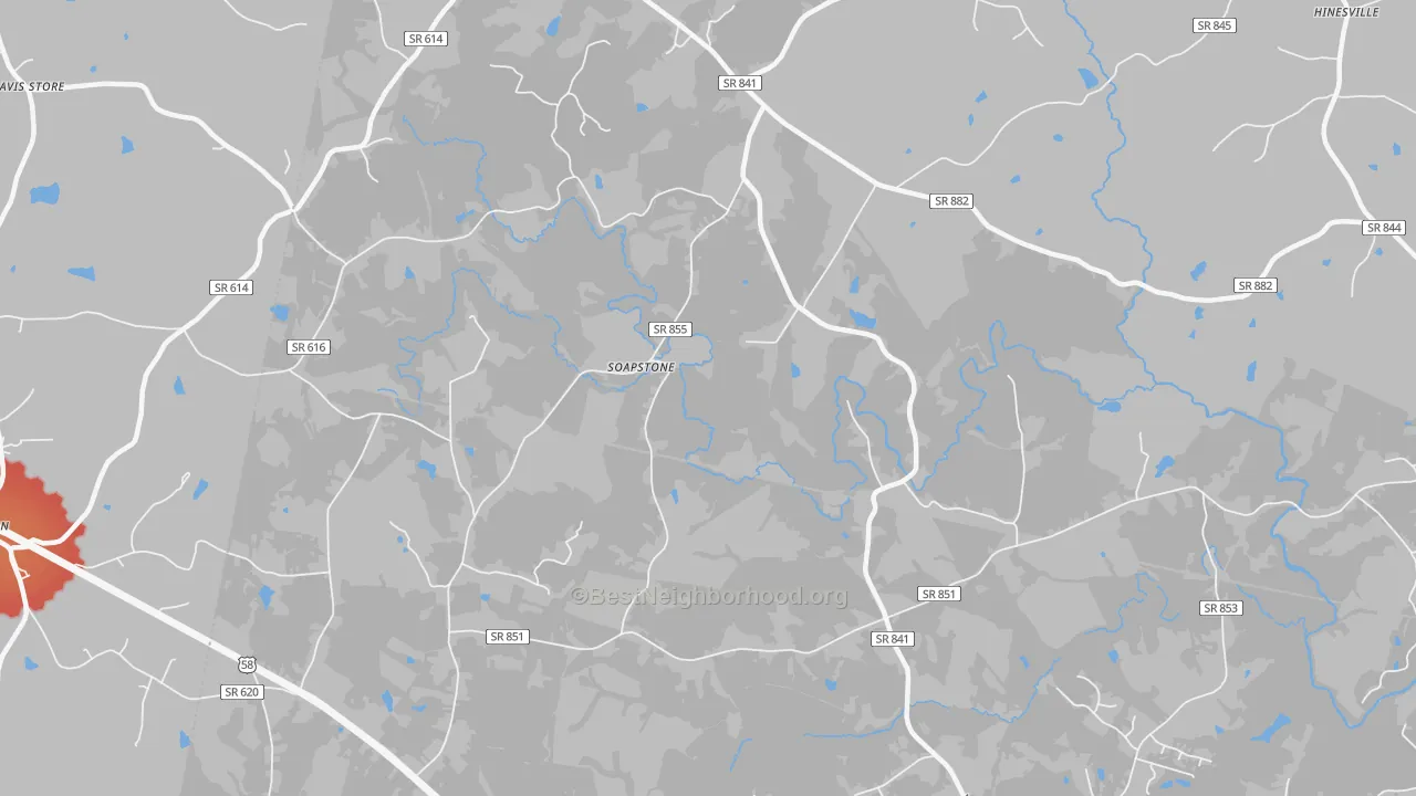 Walk Grade map of Soapstone, VA, walkable areas in green and car-dependent areas in red
