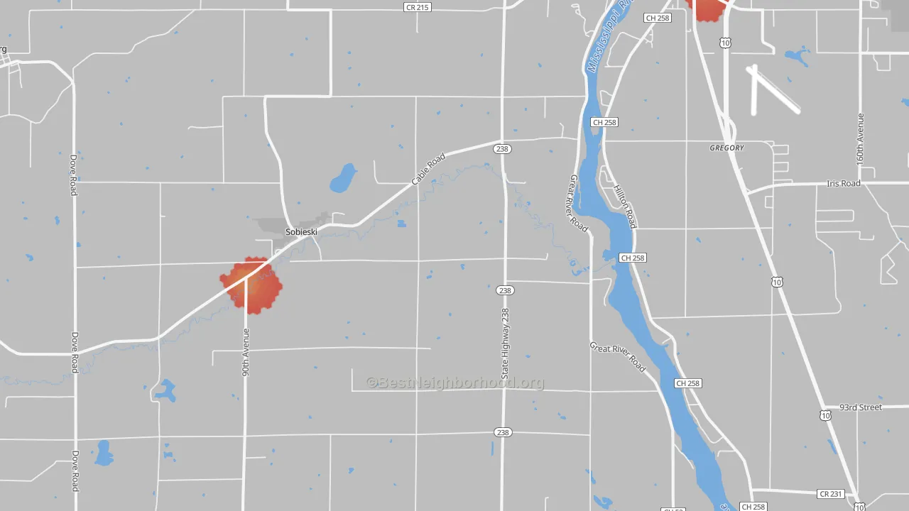 Walk Grade map of Sobieski, MN, walkable areas in green and car-dependent areas in red