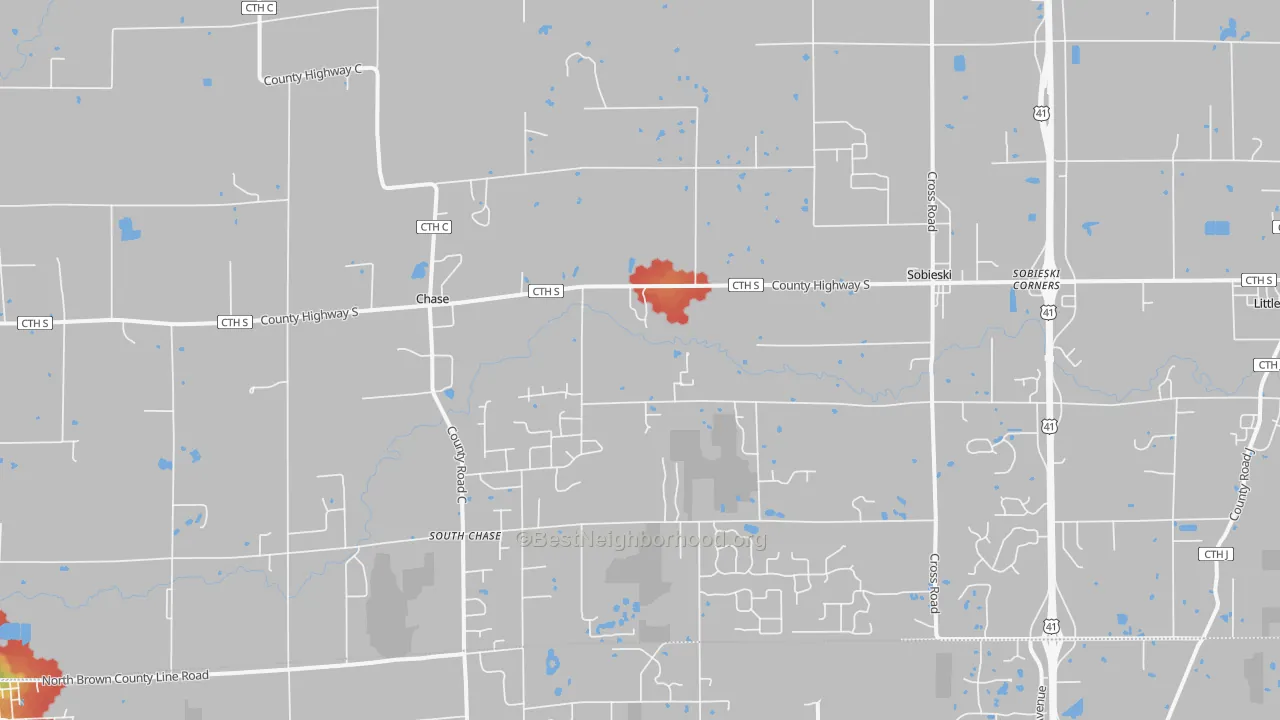 Walk Grade map of Sobieski, WI, walkable areas in green and car-dependent areas in red