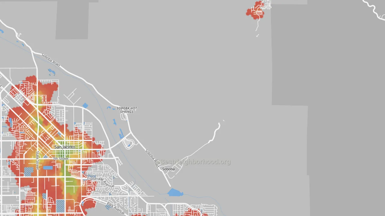 Walk Grade map of Soboba Hot Springs, CA, walkable areas in green and car-dependent areas in red