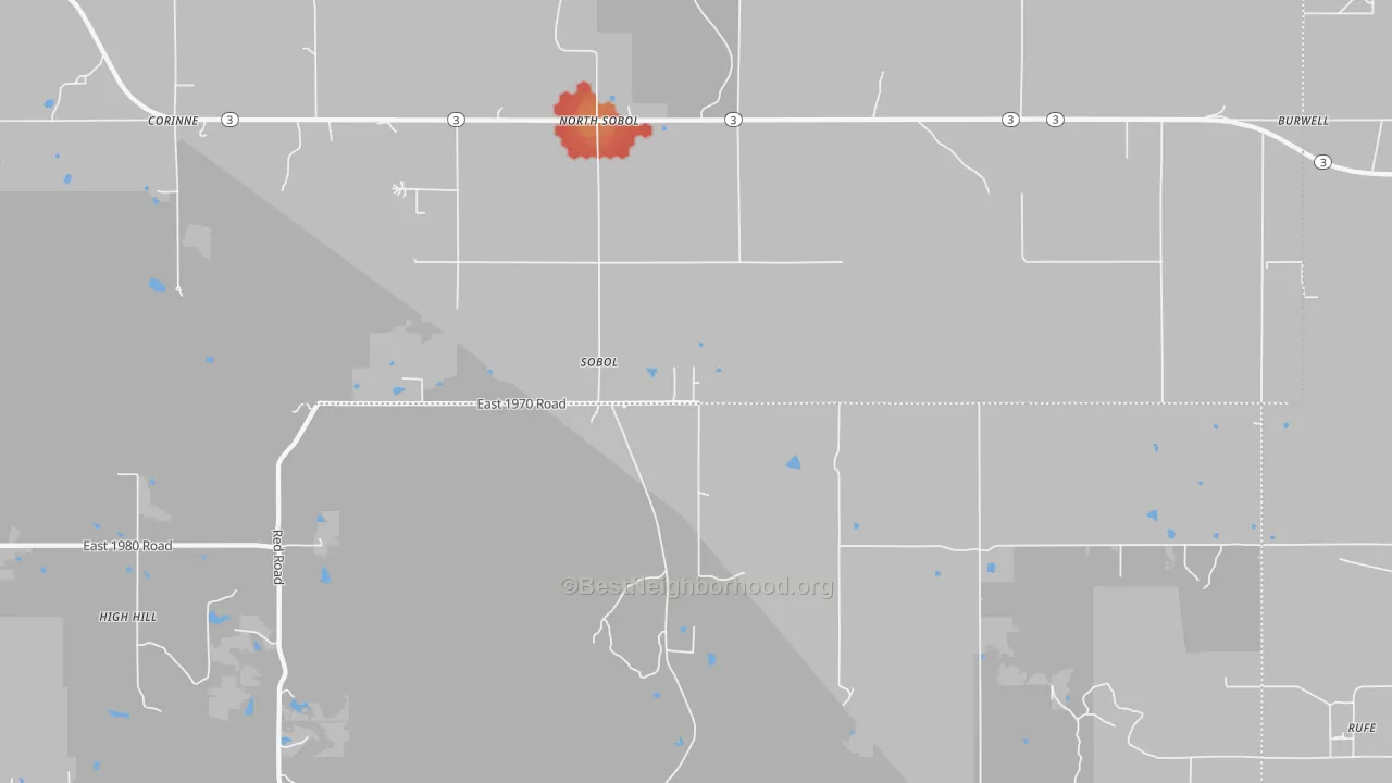 Walk Grade map of Sobol, OK, walkable areas in green and car-dependent areas in red