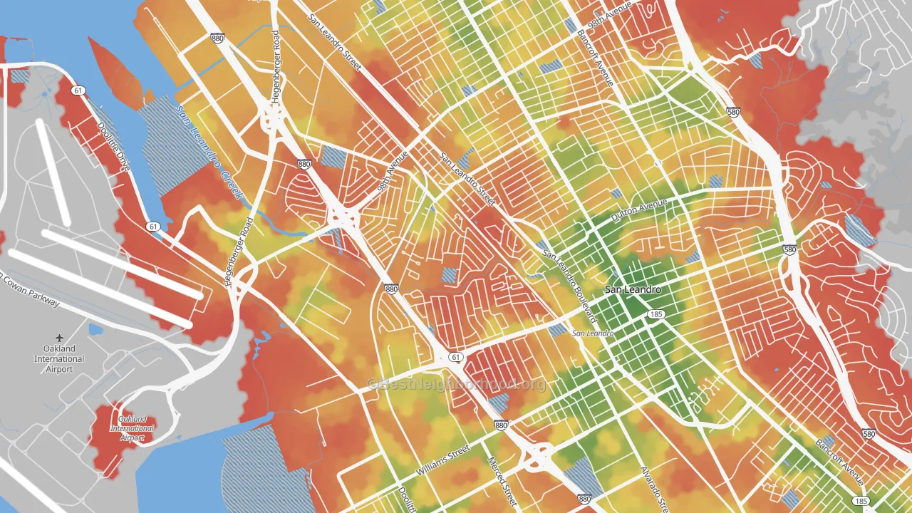 Walk Grade map of Sobrante Park, Oakland, CA, walkable areas in green and car-dependent areas in red