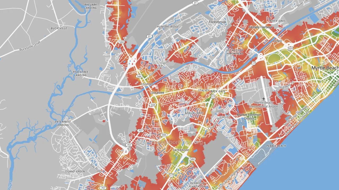 Walk Grade map of Socastee, SC, walkable areas in green and car-dependent areas in red