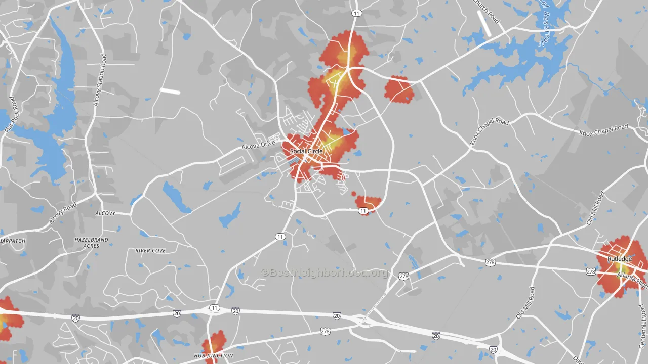 Walk Grade map of Social Circle, GA, walkable areas in green and car-dependent areas in red