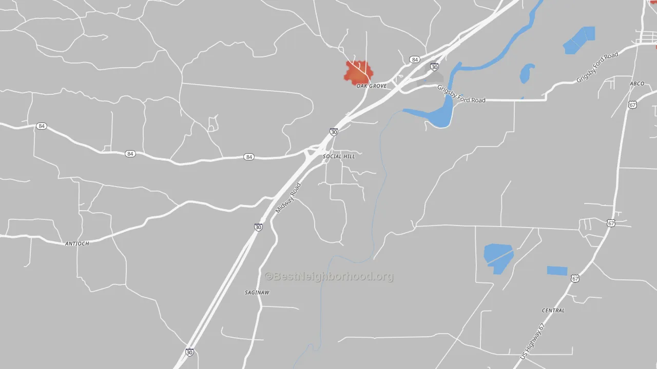 Walk Grade map of Social Hill, AR, walkable areas in green and car-dependent areas in red