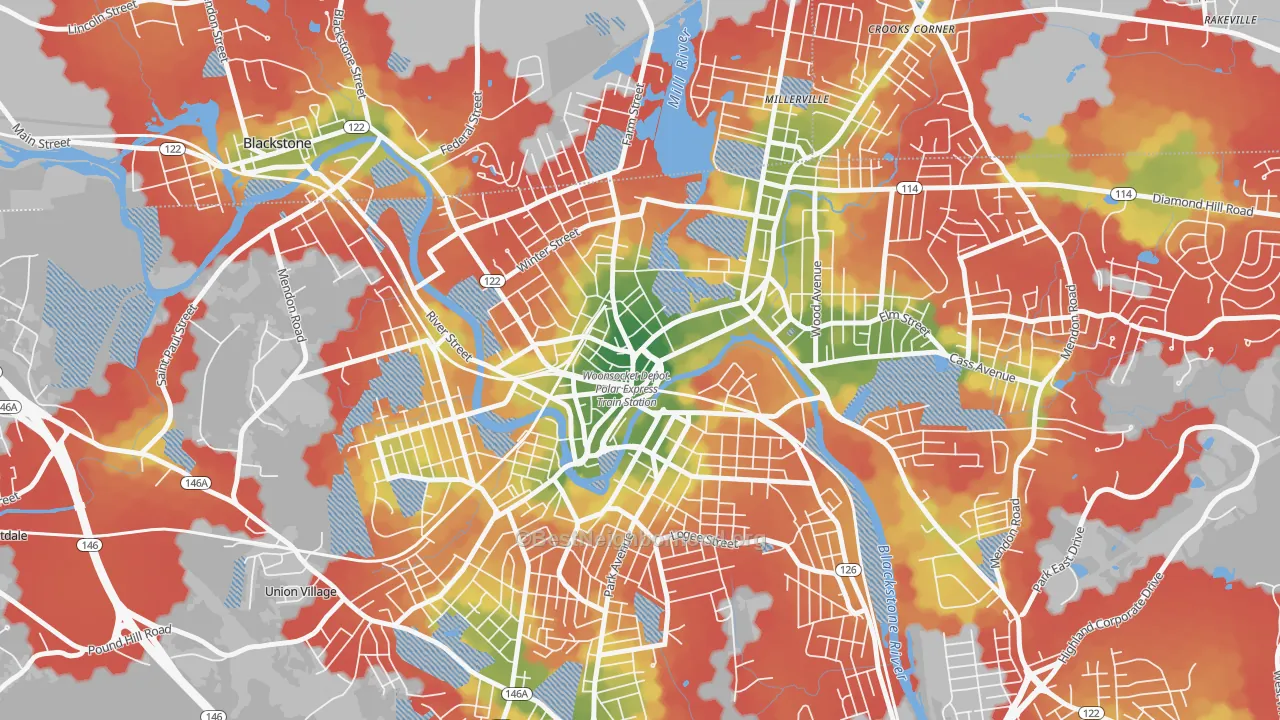 Walk Grade map of Social, Woonsocket, RI, walkable areas in green and car-dependent areas in red
