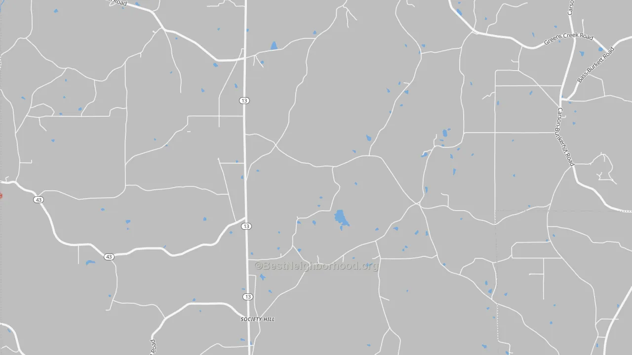 Walk Grade map of Society Hill, MS, walkable areas in green and car-dependent areas in red