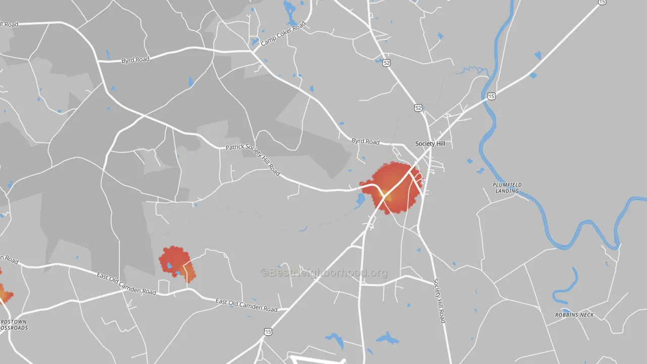 Walk Grade map of Society Hill, SC, walkable areas in green and car-dependent areas in red