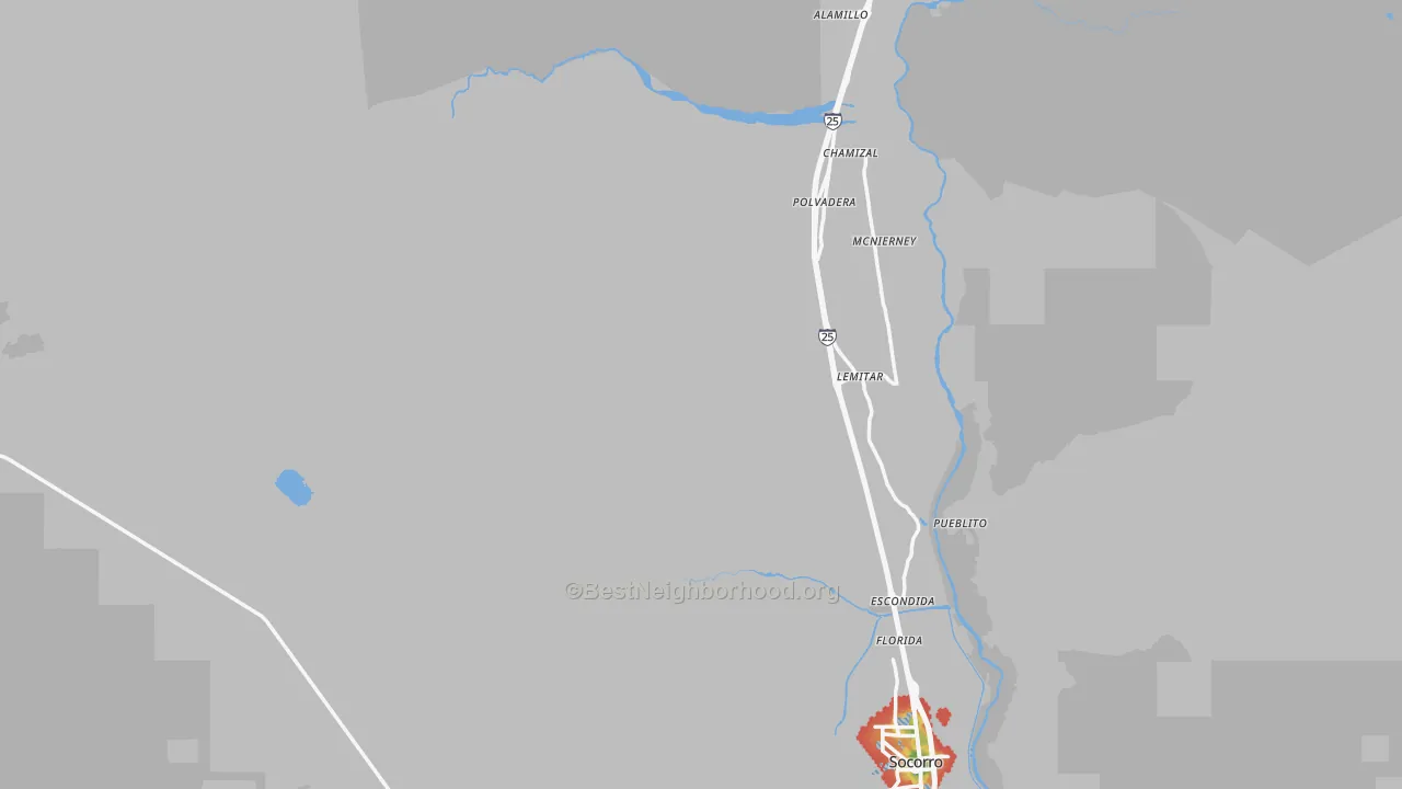 Walk Grade map of Socorro County, NM, walkable areas in green and car-dependent areas in red
