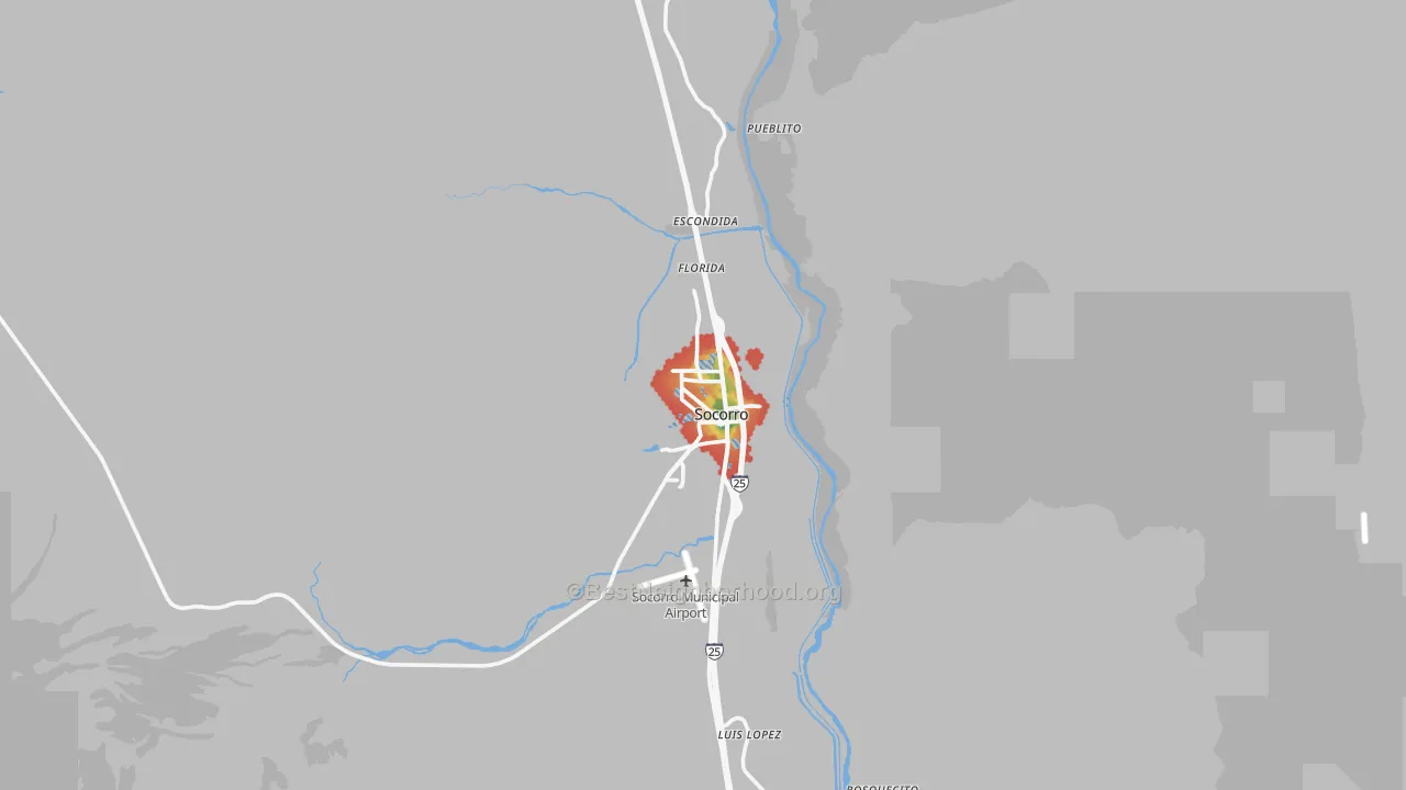Walk Grade map of Socorro, NM, walkable areas in green and car-dependent areas in red