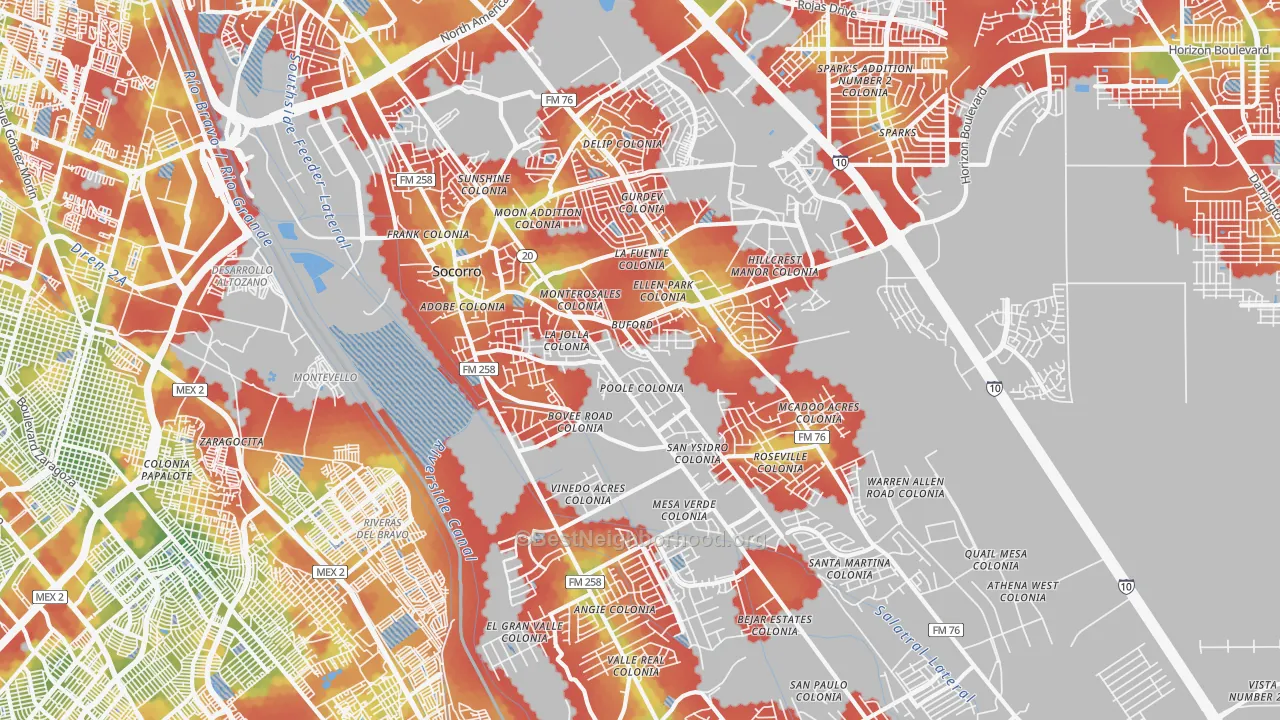 Walk Grade map of Socorro, TX, walkable areas in green and car-dependent areas in red