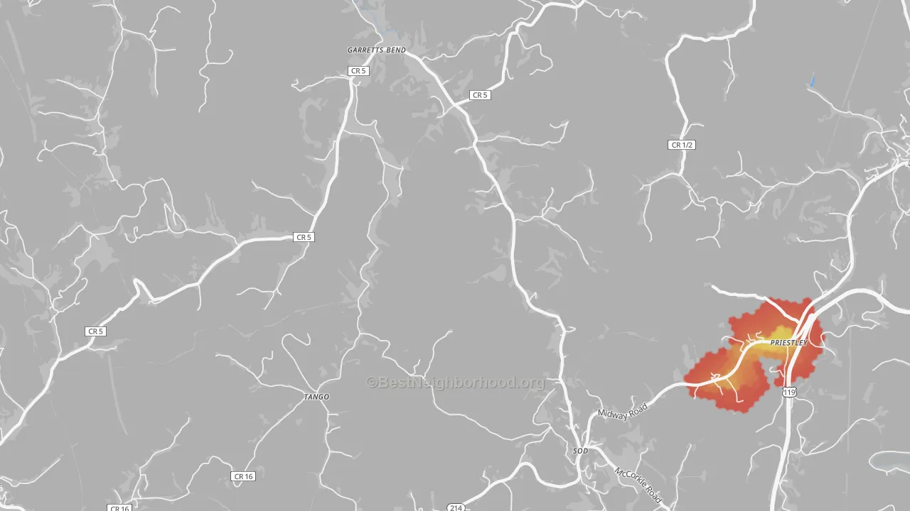 Walk Grade map of Sod, WV, walkable areas in green and car-dependent areas in red