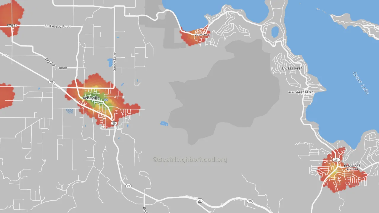 Walk Grade map of Soda Bay, CA, walkable areas in green and car-dependent areas in red