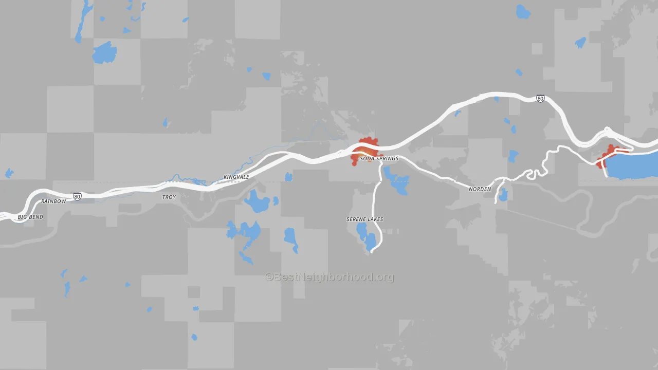 Walk Grade map of Soda Springs, CA, walkable areas in green and car-dependent areas in red