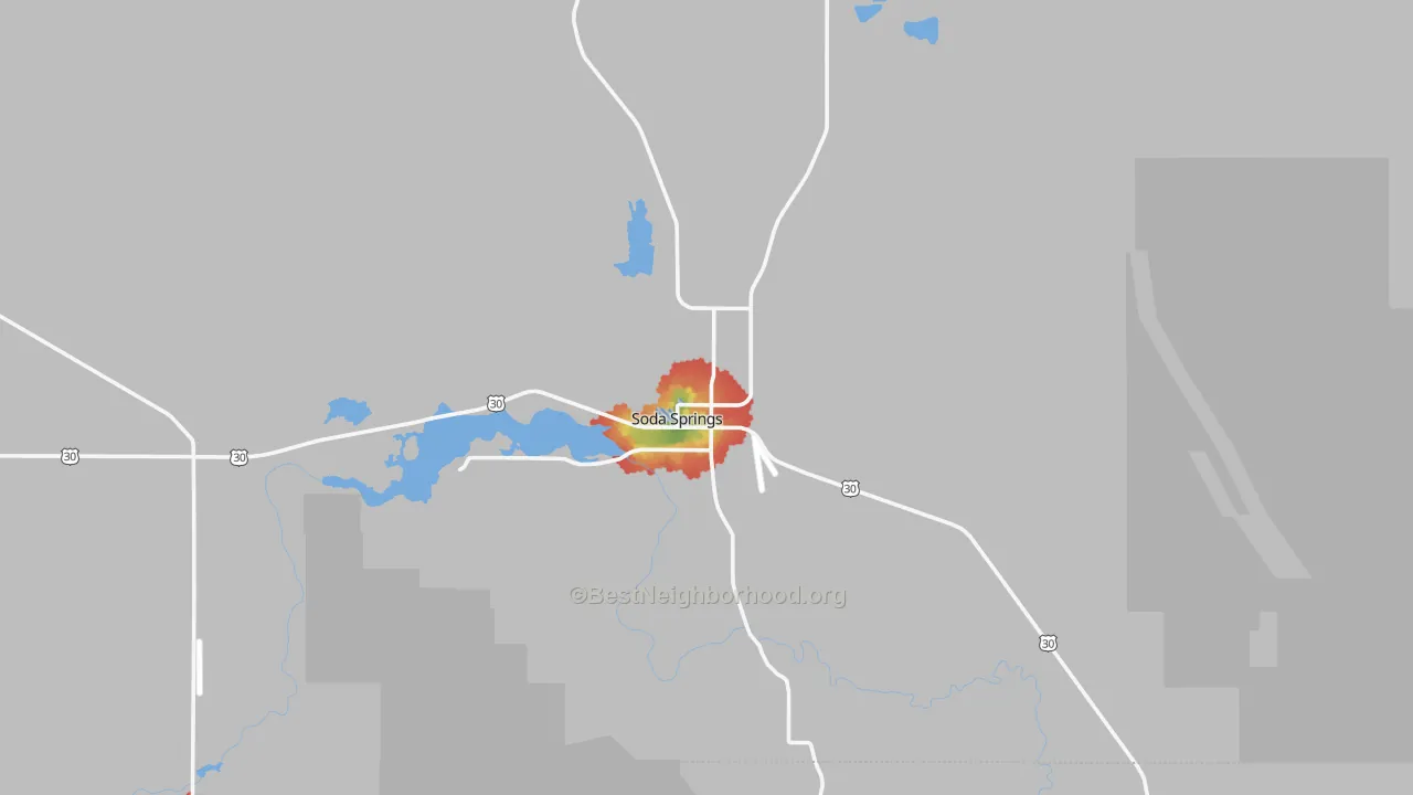 Walk Grade map of Soda Springs, ID, walkable areas in green and car-dependent areas in red