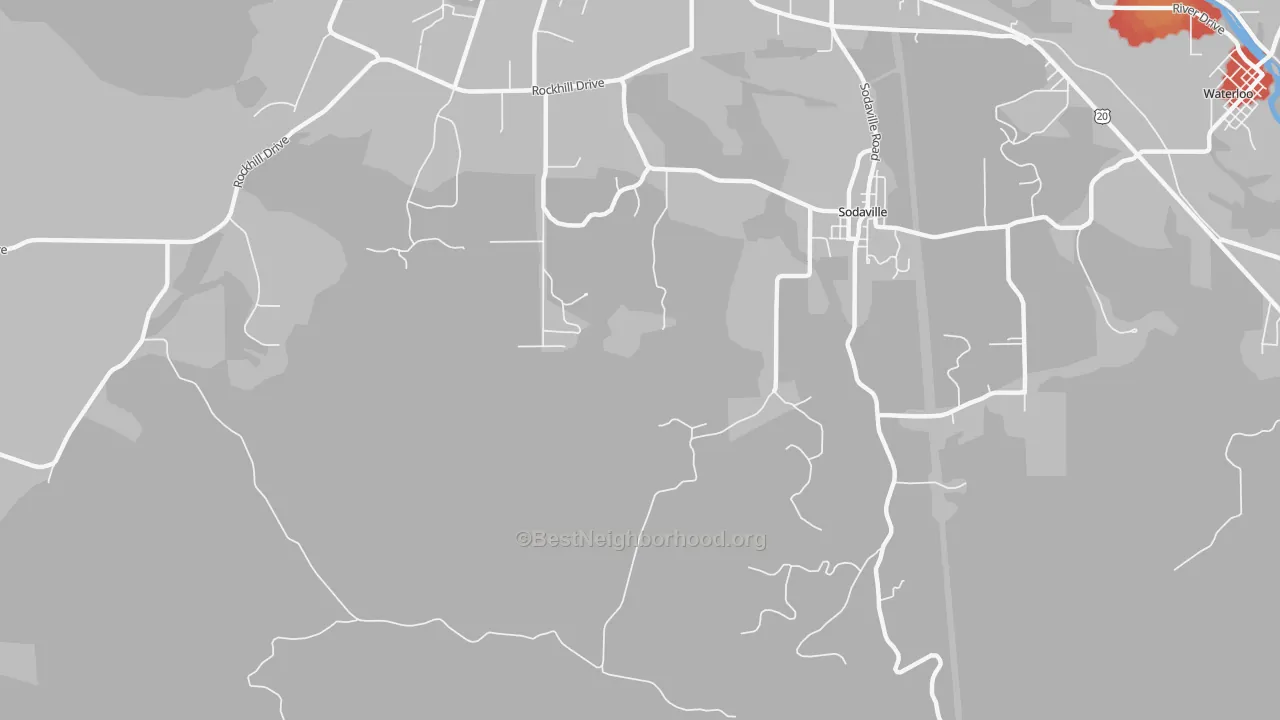 Walk Grade map of Sodaville, OR, walkable areas in green and car-dependent areas in red