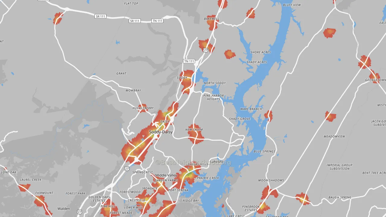 Walk Grade map of Soddy-Daisy, TN, walkable areas in green and car-dependent areas in red