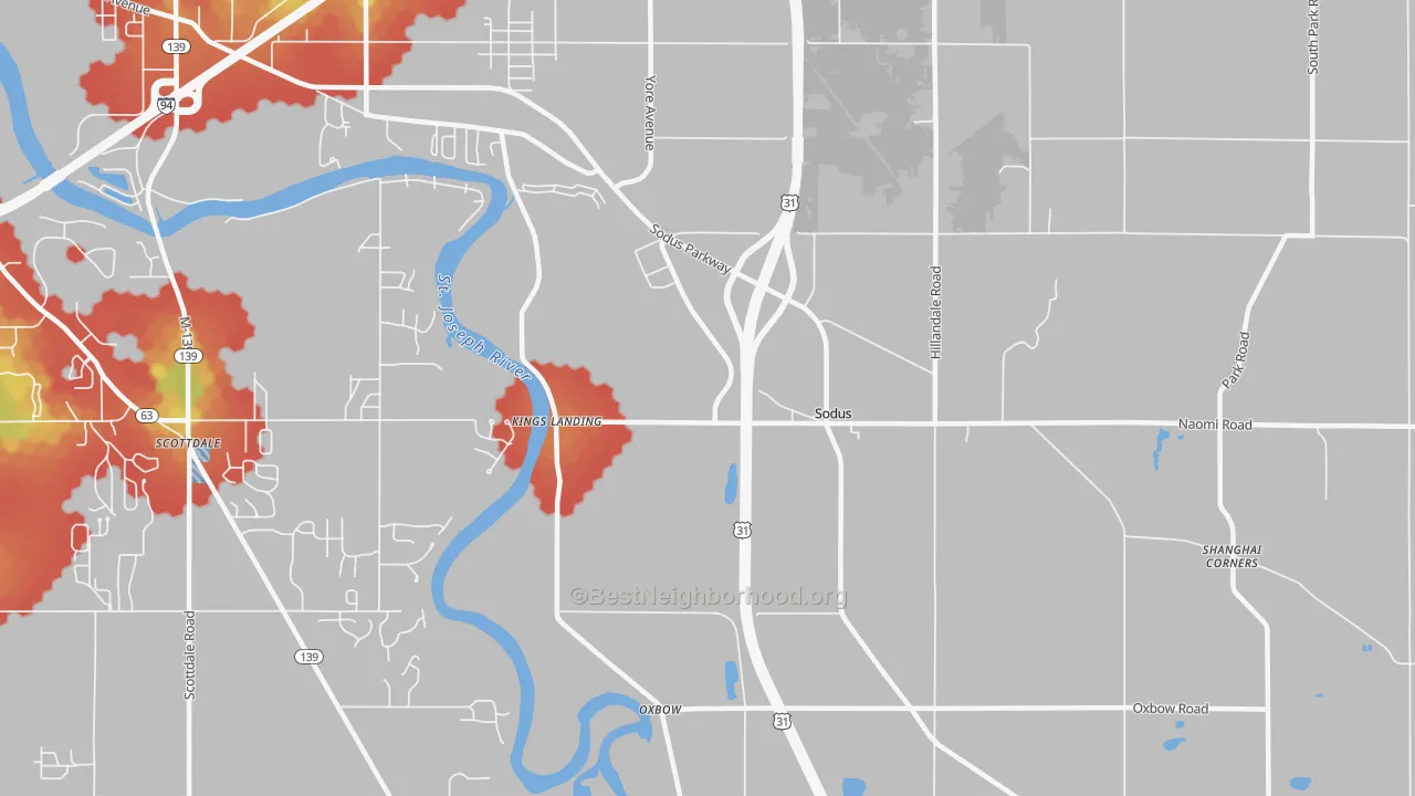 Walk Grade map of Sodus, MI, walkable areas in green and car-dependent areas in red