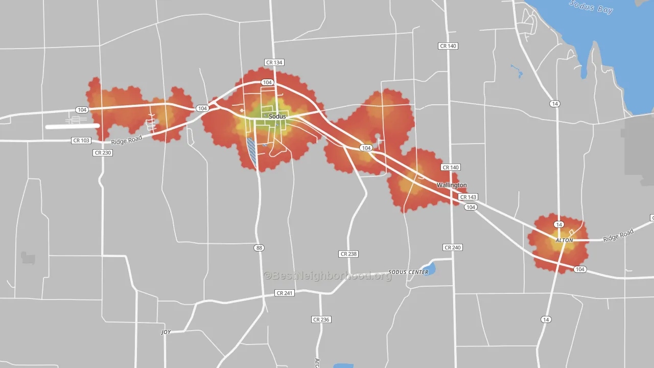 Walk Grade map of Sodus, NY, walkable areas in green and car-dependent areas in red