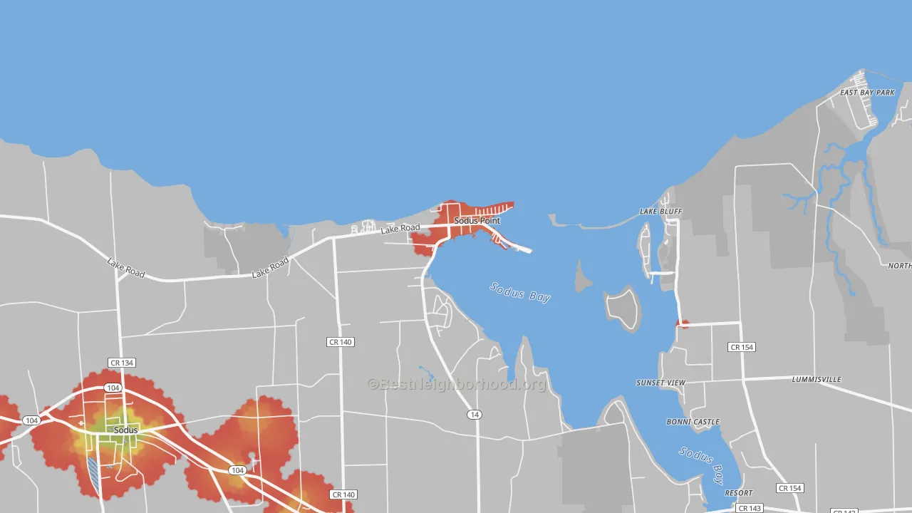Walk Grade map of Sodus Point, NY, walkable areas in green and car-dependent areas in red