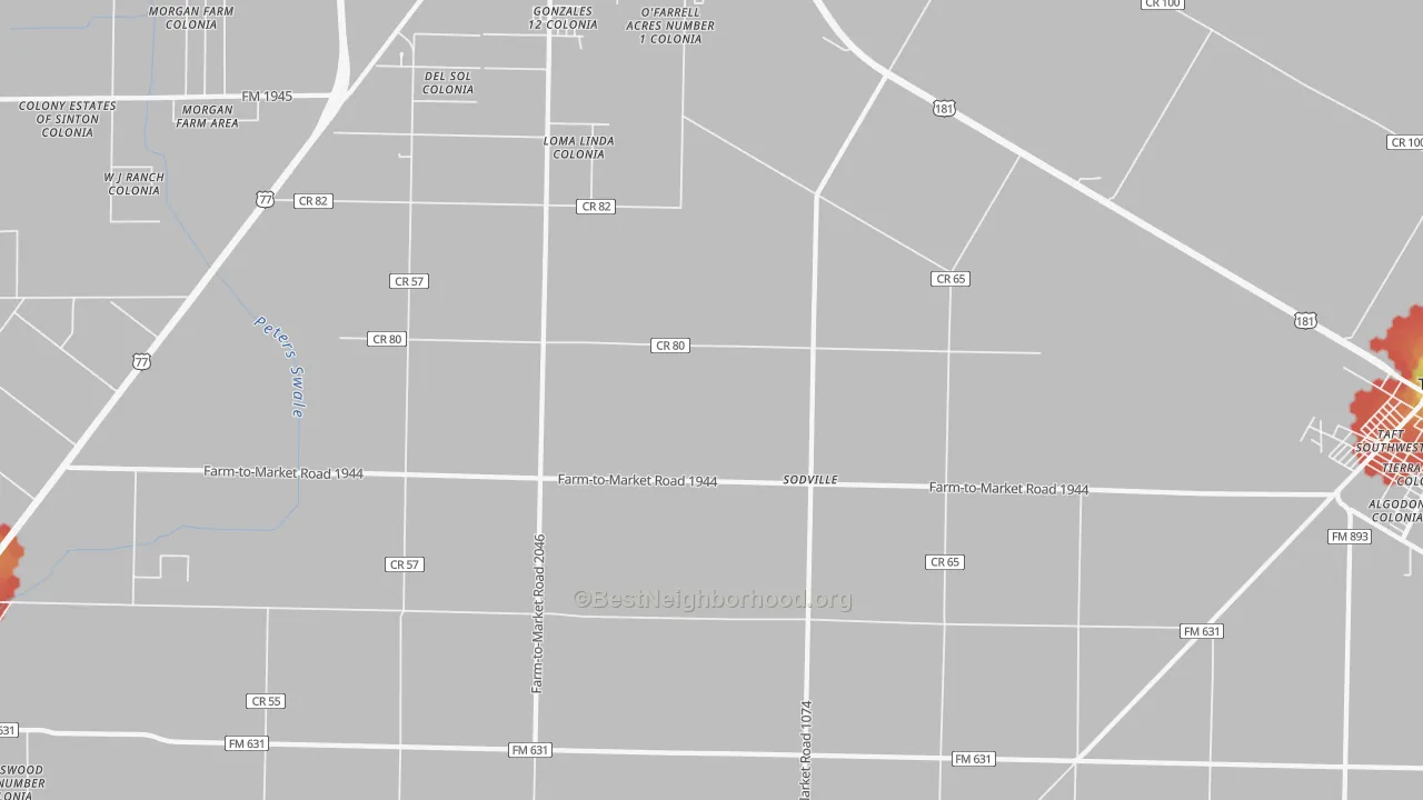 Walk Grade map of Sodville, TX, walkable areas in green and car-dependent areas in red