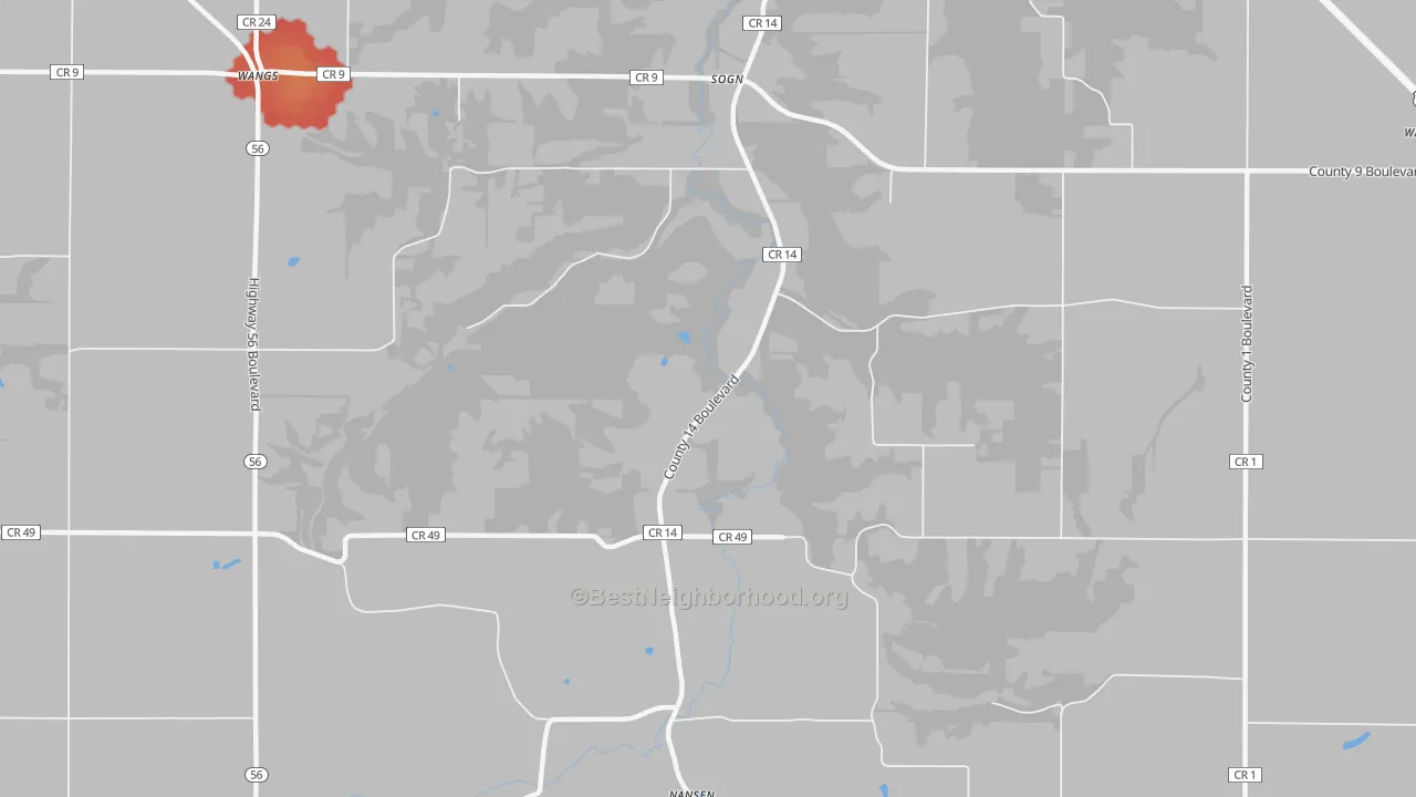 Walk Grade map of Sogn, MN, walkable areas in green and car-dependent areas in red