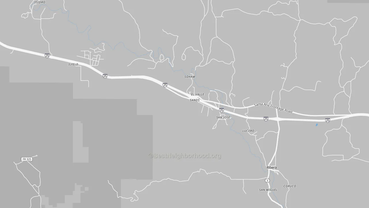 Walk Grade map of Soham, NM, walkable areas in green and car-dependent areas in red