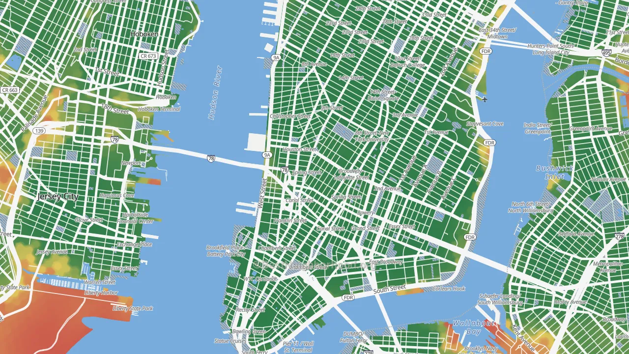 Walk Grade map of Soho, Manhattan, NY, walkable areas in green and car-dependent areas in red
