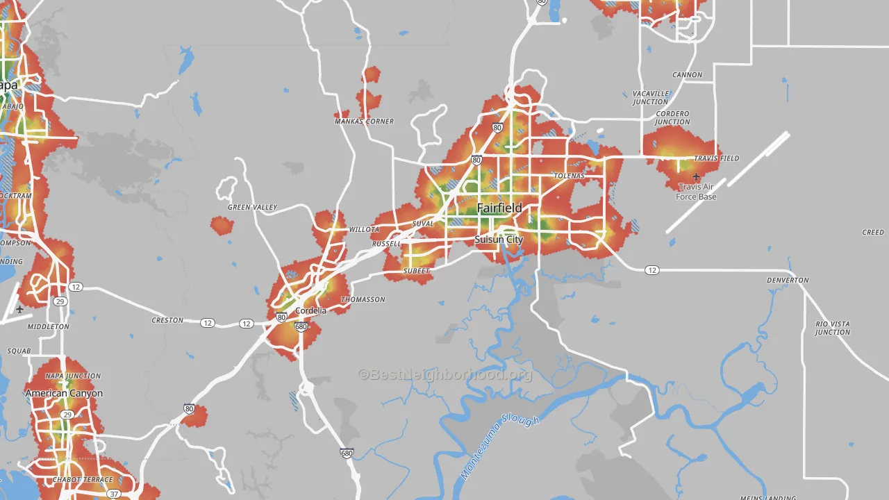Walk Grade map of Solano County, CA, walkable areas in green and car-dependent areas in red