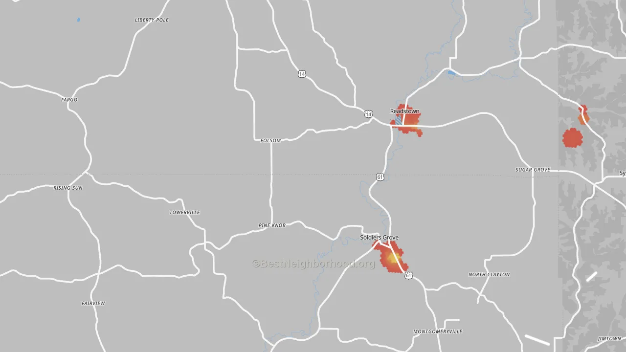 Walk Grade map of Soldiers Grove, WI, walkable areas in green and car-dependent areas in red