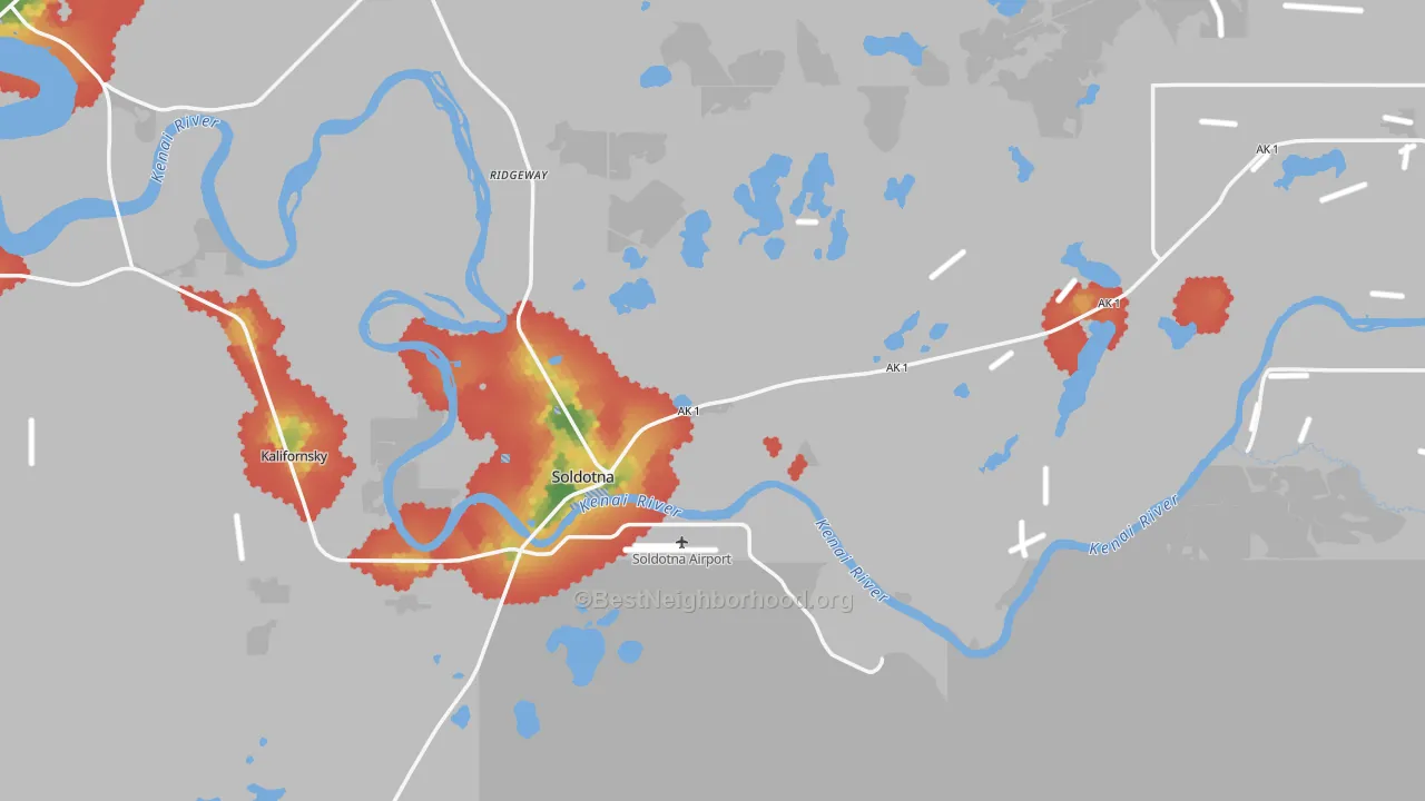 Walk Grade map of Soldotna, AK, walkable areas in green and car-dependent areas in red