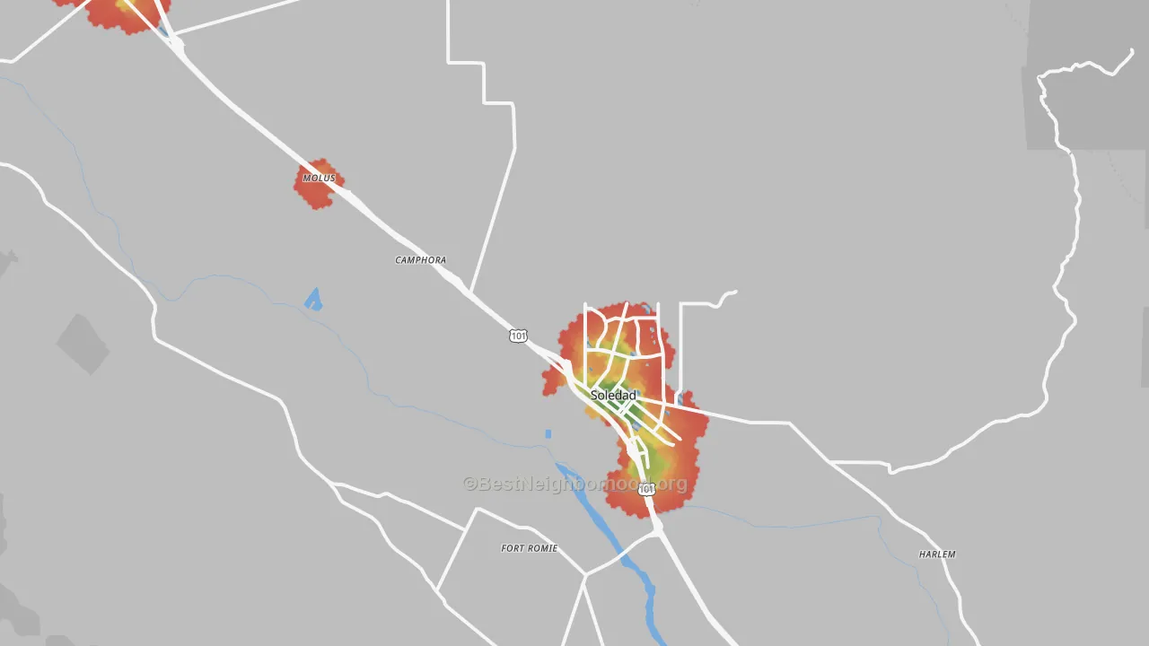 Walk Grade map of Soledad, CA, walkable areas in green and car-dependent areas in red