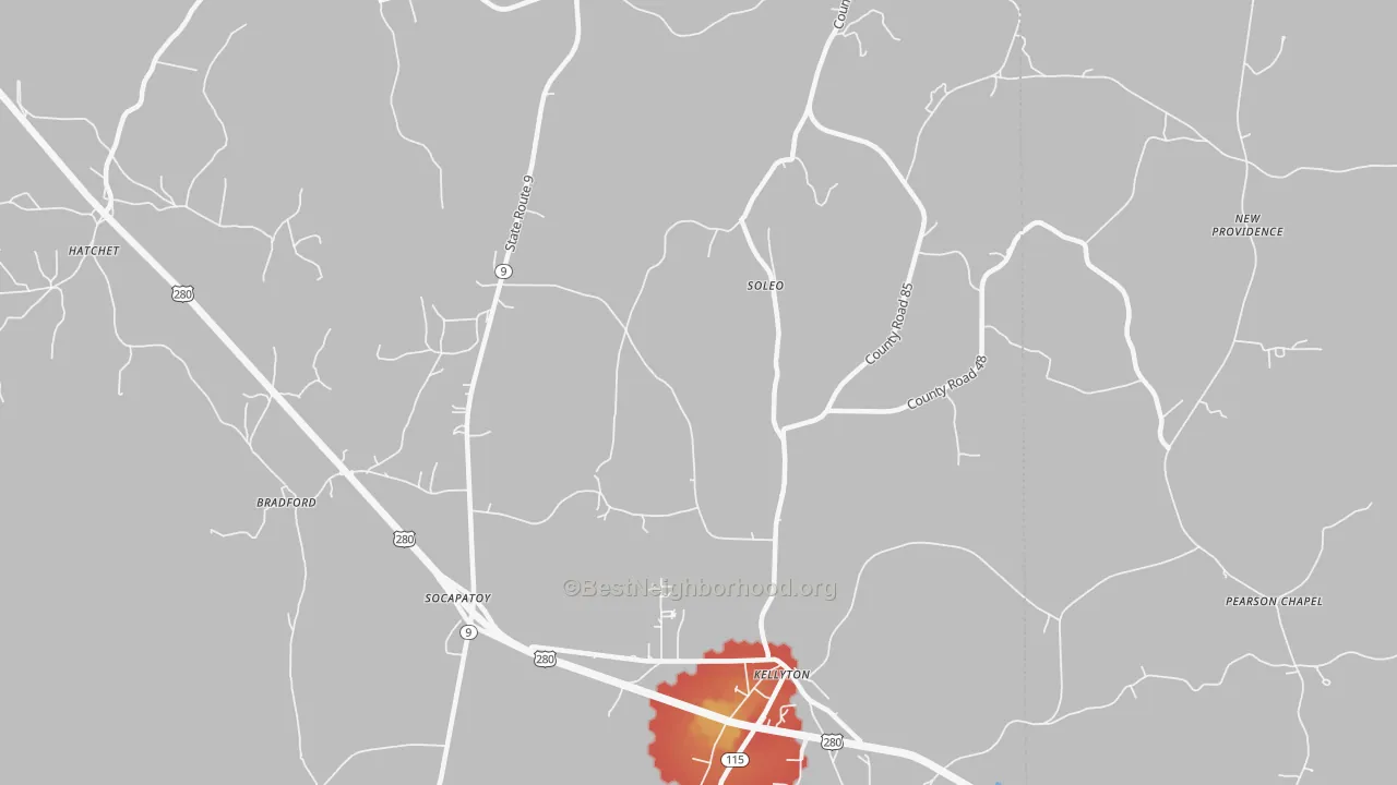 Walk Grade map of Soleo, AL, walkable areas in green and car-dependent areas in red