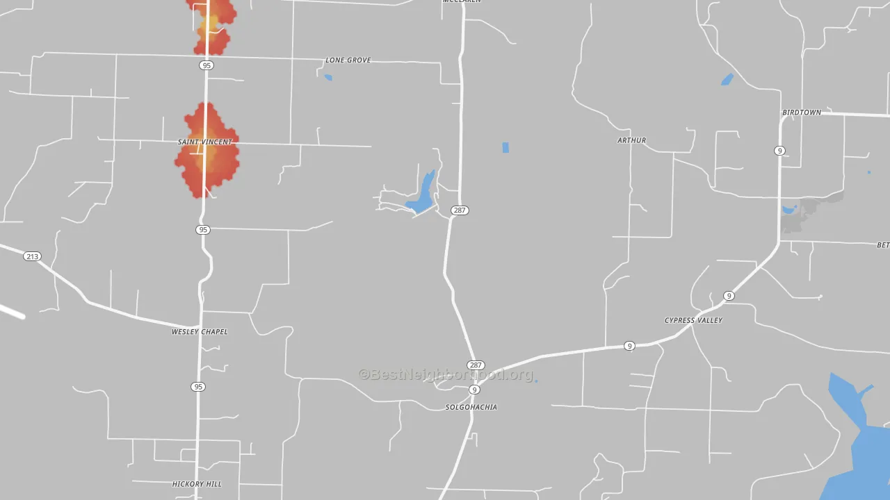 Walk Grade map of Solgohachia, AR, walkable areas in green and car-dependent areas in red