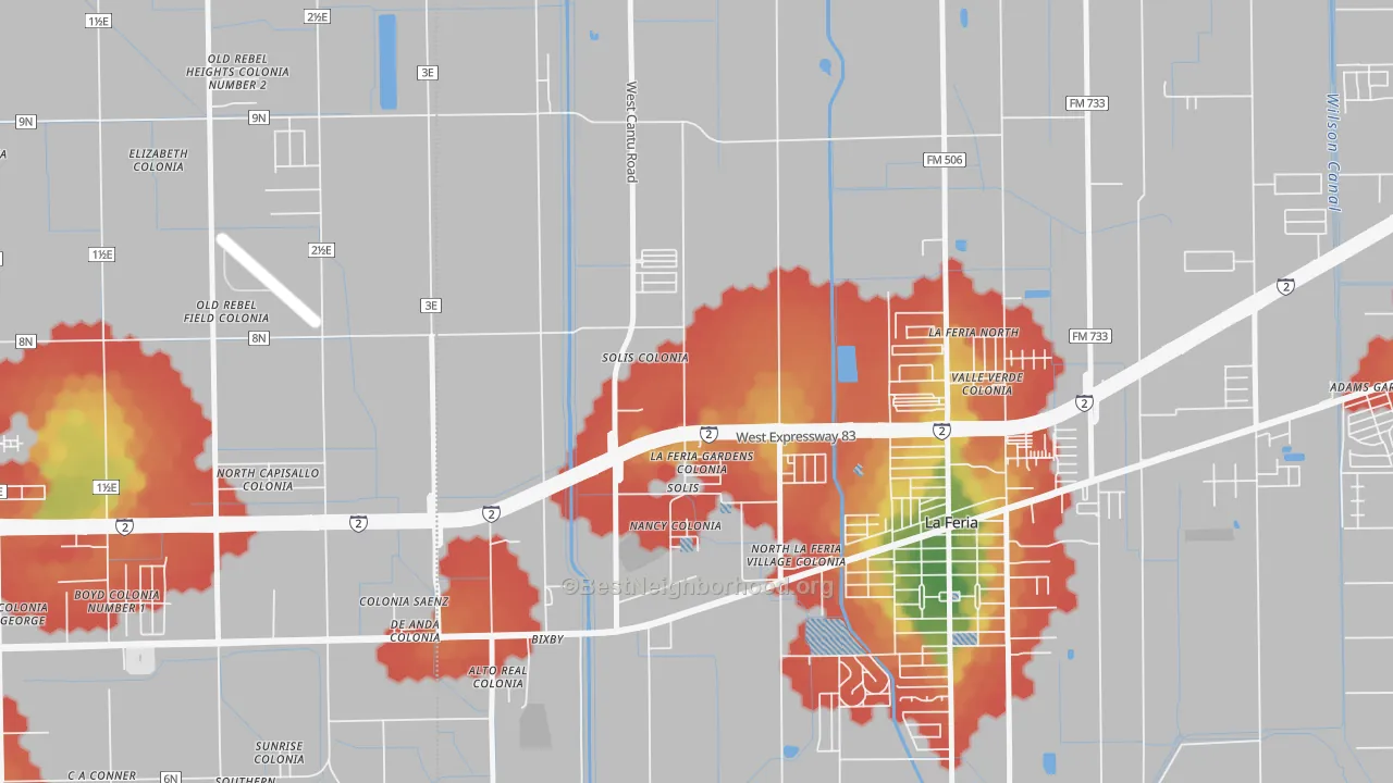 Walk Grade map of Solis, TX, walkable areas in green and car-dependent areas in red