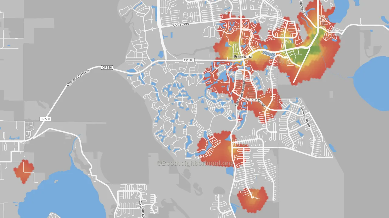 Walk Grade map of Solivita, Poinciana, FL, walkable areas in green and car-dependent areas in red