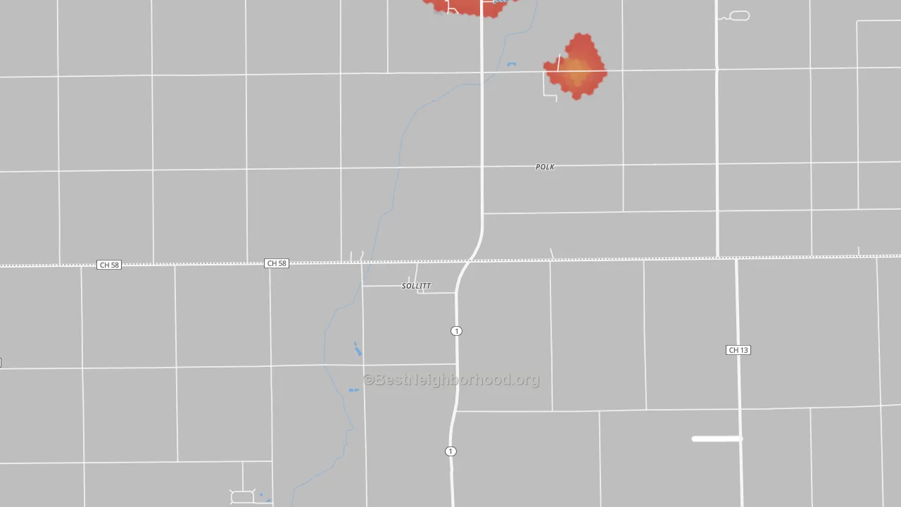 Walk Grade map of Sollitt, IL, walkable areas in green and car-dependent areas in red