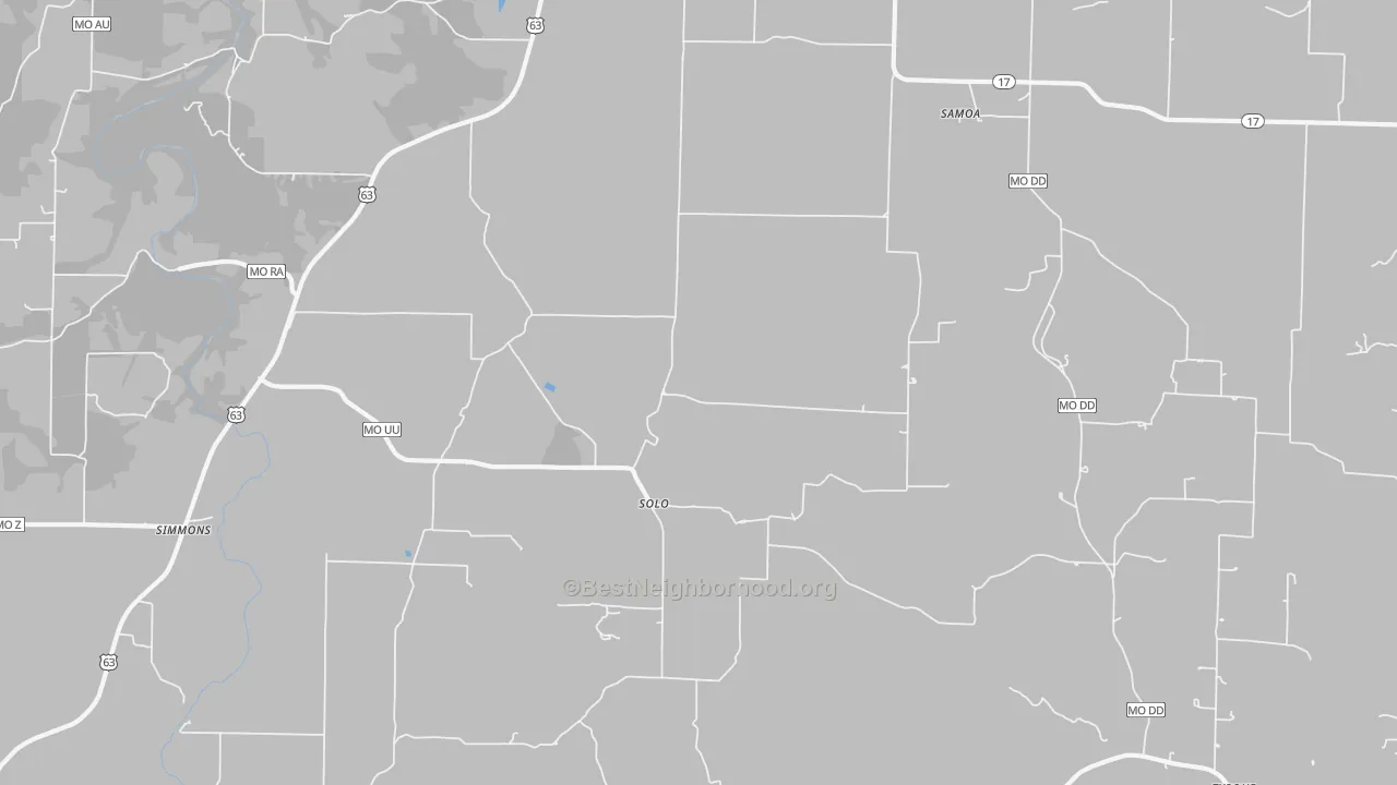 Walk Grade map of Solo, MO, walkable areas in green and car-dependent areas in red