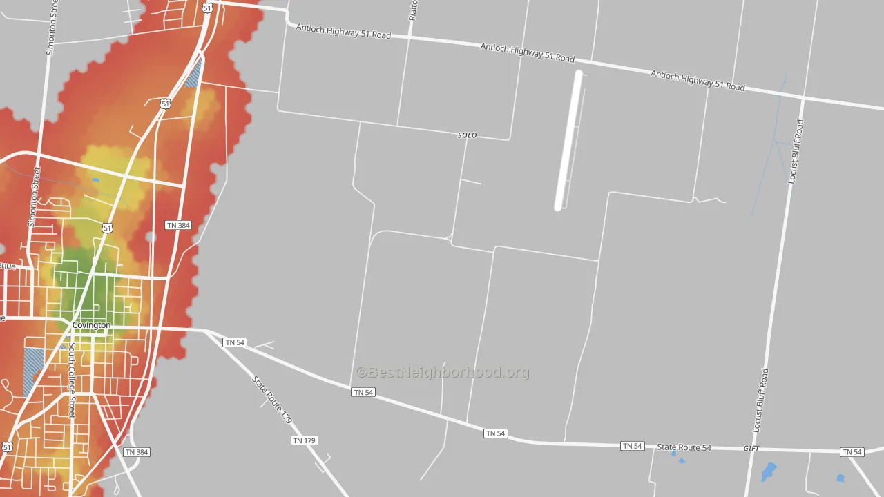 Walk Grade map of Solo, TN, walkable areas in green and car-dependent areas in red